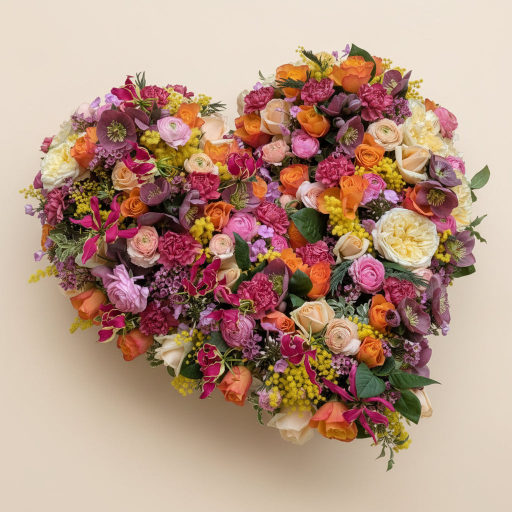 Coeur de fleurs colorées pour obsèques Harmonie réalisé par Arc en Ciel Fleurs.