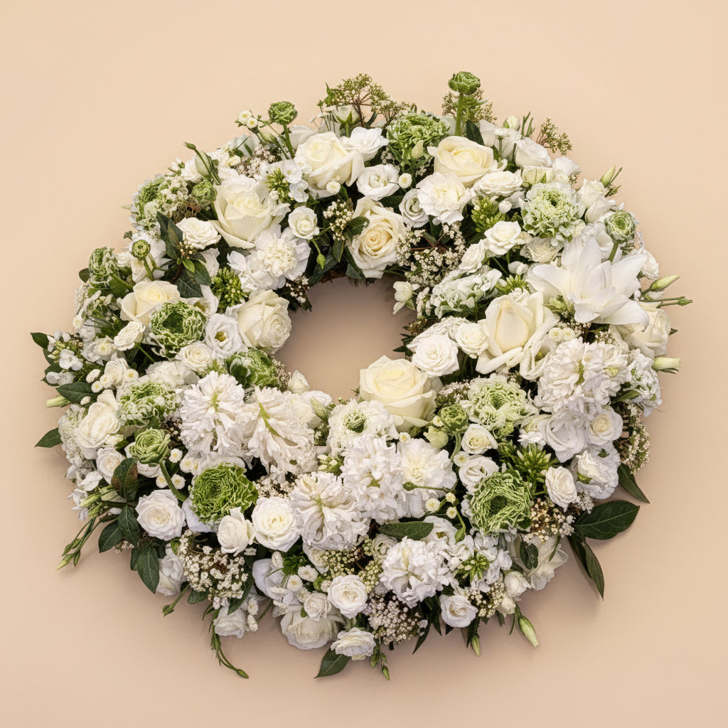 Couronne de fleurs blanches pour obsèques Hommage réalisée par Arc en Ciel Fleurs