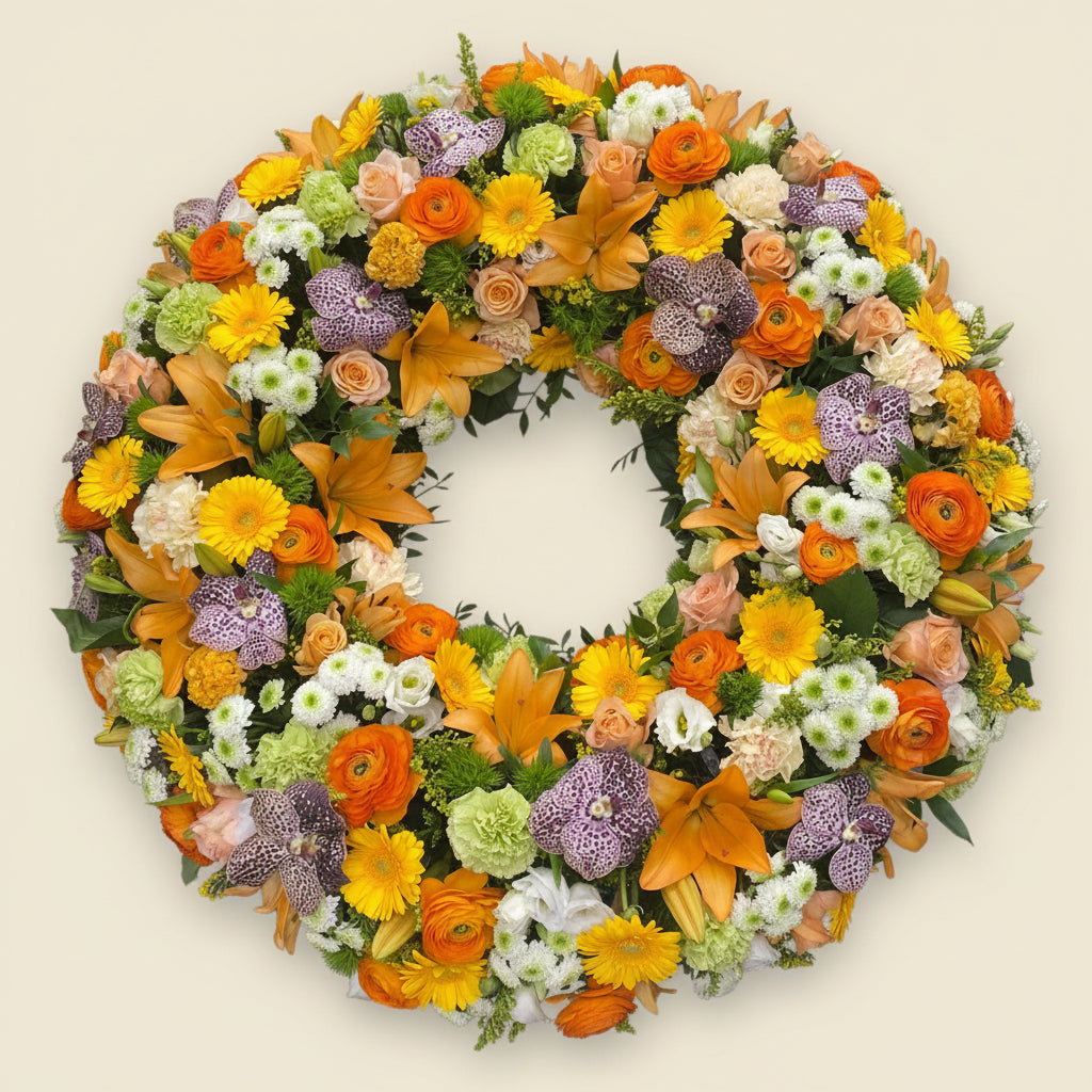 Couronne de fleurs colorées pour obsèques Emotions réalisée par Arc en Ciel Fleurs 