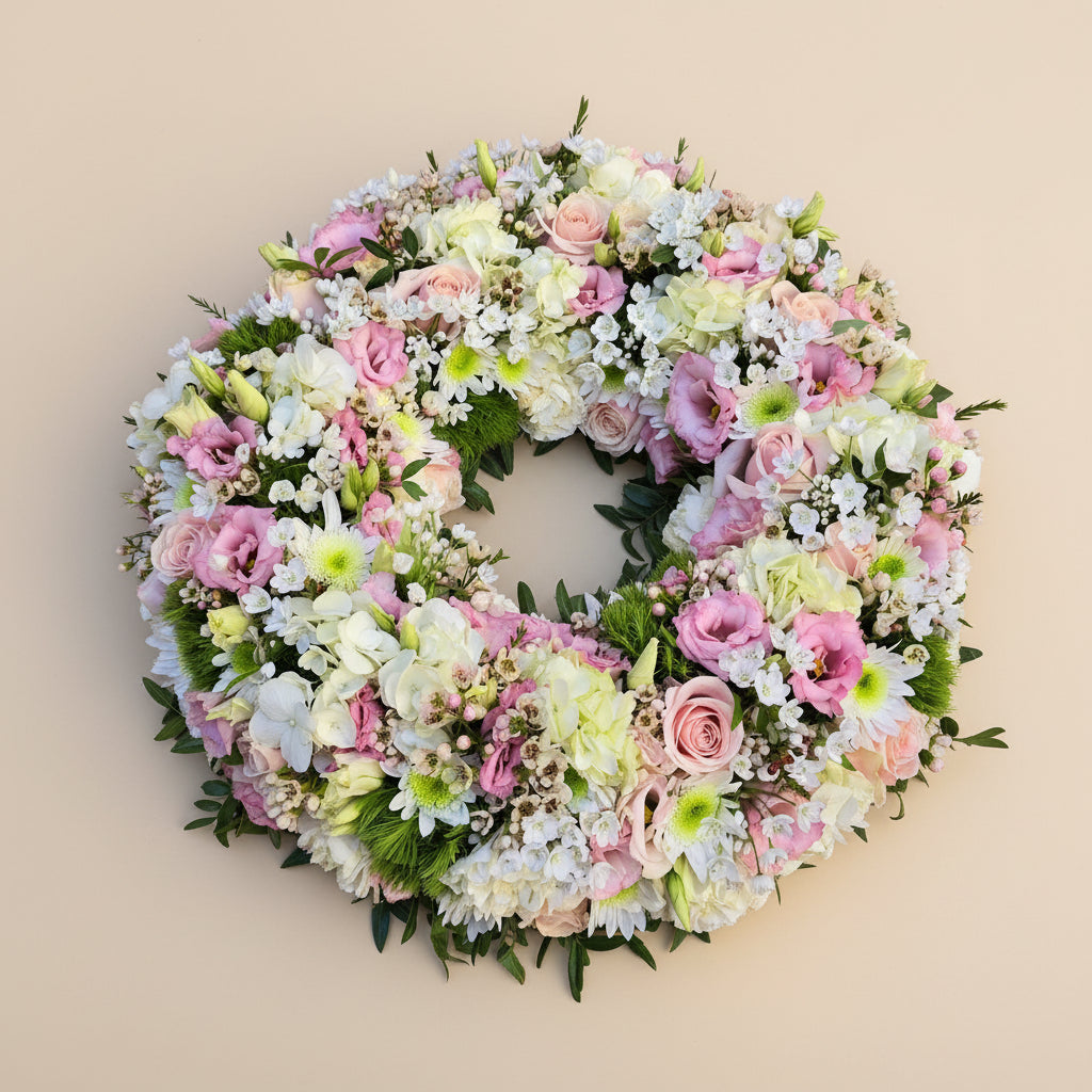 Couronne de fleurs pastel pour obsèques Espérance réalisée par Arc en Ciel Fleurs.