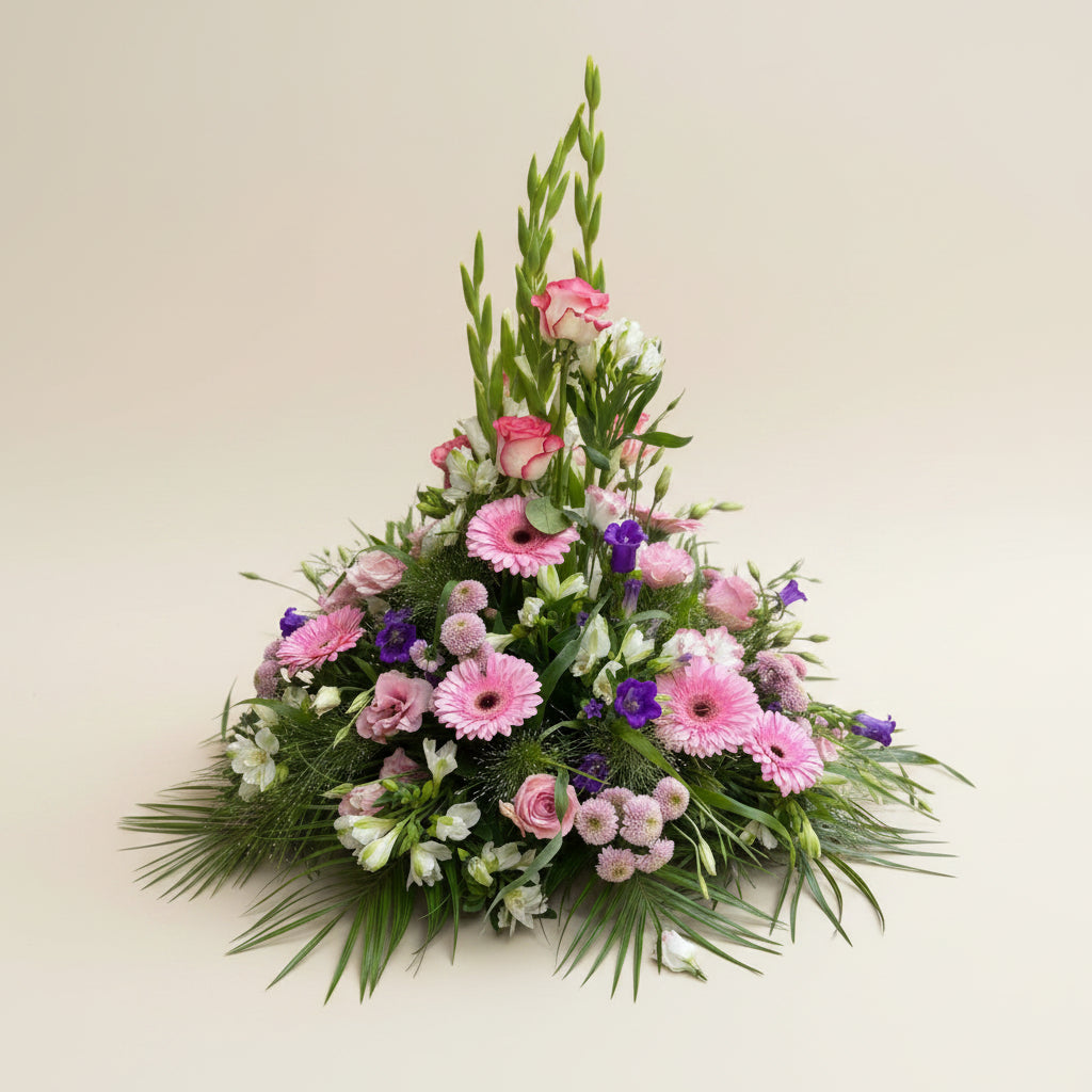 Devant de tombe de fleurs pastel pour obsèques Douce Mémoire réalisées par Arc en Ciel Fleurs 